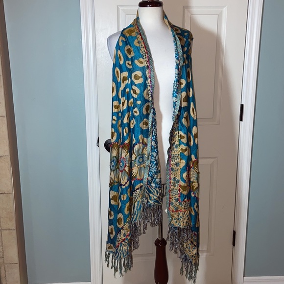 Beautiful Boho Embroidered Long Vest Purple Aqua Teal White Fringe - Picture 2 of 9